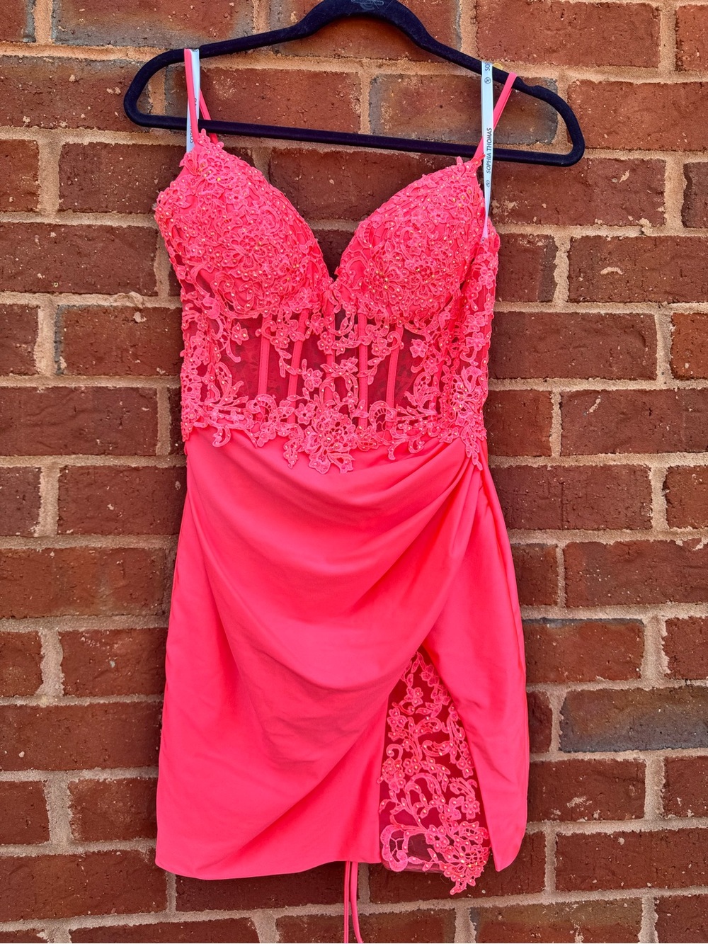Sophia Thomas Lace Applique Spaghetti-Strap Mini Dress with corset back.